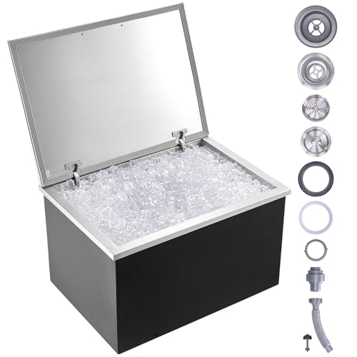 VEVOR Drop in Ice Chest, 28L x 20W x 17H Stainless Steel Ice Cooler, Commercial Ice Bin with Hinged Cover, 40 qt Outdoor Kitchen Ice Bar, Drain-Pipe and Drain Plug Included, for Cold Wine Beer