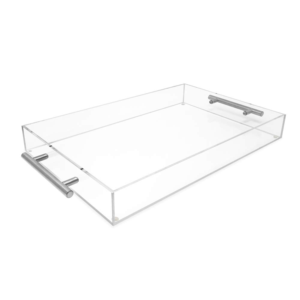 Isaac Jacobs Clear Acrylic Serving Tray (11x17) with Silver Metal Handles, Spill-Proof, Stackable Organizer, Food & Drinks Server, Indoors/Outdoors, Lucite Storage (11x17, Clear with Silver Handle)