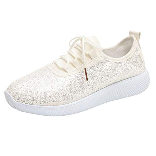 Women Glitter Sneakers, Fashion Jogger Sport Shoes Lightweight Sequin Quilted Lace Up Shoe Elastic Tongue (7.5 M US, Beige)