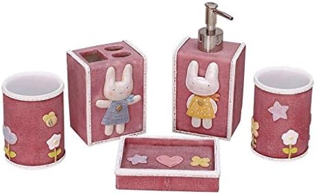 分割ボトルプレス ピンクのかわいいバニーバスルームアクセサリー5点セット 歯ブラシホルダー歯ブラシカップソープディスペンサーセットの 石鹸の配布