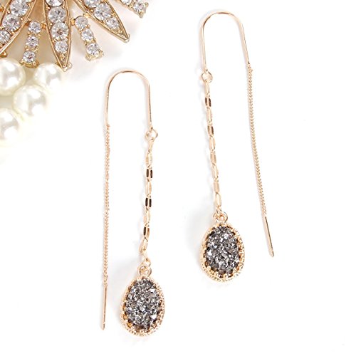 Humble Chic Simulated Druzy Chain Bar Threaders - Gold-Tone Long Sparkly Needle Drop Earrings for Women, Simulated Hematite, Grey, Metallic, Silver-Tone, Gold-Tone