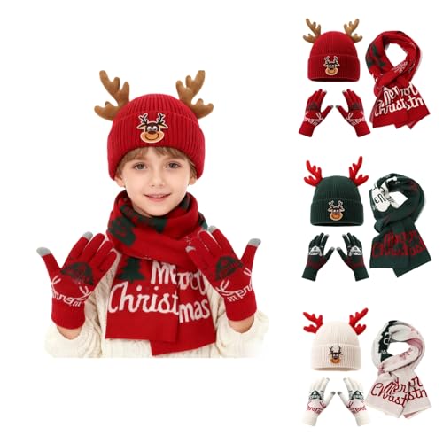3Pcs Christmas Hat Scarf and Gloves Set Kids, Winter Warm Knitted Beanie Cap Scarf Touchscreen Gloves for 3-8 Years Old Boys Girls, Fleece Lined Thermal Cold Weather Accessories Sets