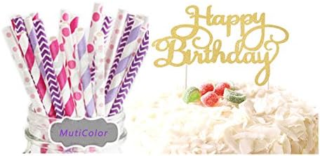 TPARTYCOM 25pcs Party Decorative Paper Straws with Gold Happy Birthday Cake Topper