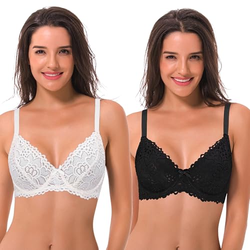 Curve Muse Balconette Underwire Lace Bra (2 Pack)-Black,Cream-40D at Amazon
