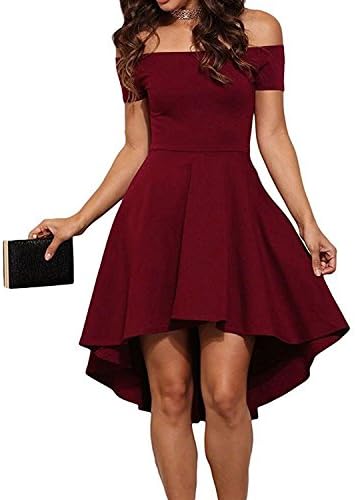 DOTIN Women Off Shoulder High Low Homecoming Party Short Sleeve Skater Dresses,Wine,Medium