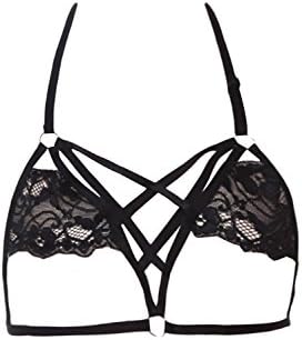 TEZUKAFUJI Womens Sexy Lace Lingerie Half Cups Halter Bralette Top Harness Bra Black L
