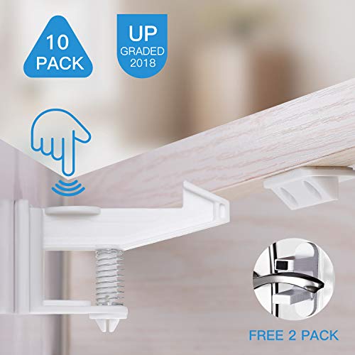 Child Safety Cabinet Locks Latches, Veidoo 10 Pack Baby Proofing Cabinets Drawer Lock with 3M Adhesive or Screws Optional & 2 Pack Door Lever Lock Child Proof (White)
