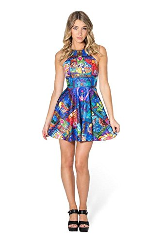 Ensasa Women's Fashion Beauty & The Beasts Printed Sleeveless Skater Dress (Large)
