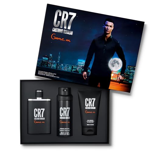 Cristiano Ronaldo CR7 Game On Set de Regalo - Colonia Deportiva y Audaz para Hombres con Notas Amaderadas - Spray Corporal y Gel de Ducha - 3 pz