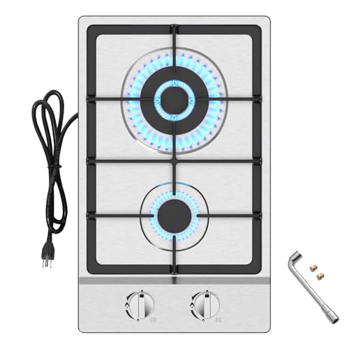 Nafewin Gas Cooktop 2 Burner Propane Cooktop, Stainless Steel Propane Stove 12 inch, Bulit-in Gas Stove Top with Thermocouple Protection, Lpg/Ng Dual Fuel Drop-in Stove for Apartments, Outdoor, Rvs