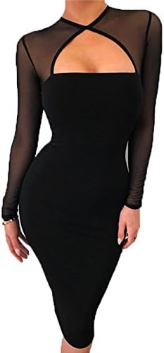 UZZDSS Black-M Women Midi Length Cut Out Keyhole Party Bodycon Bandage Dress With Transparent Long Sleeves