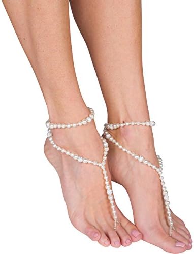 Barefoot Beaded Beach Sandals | Elegant White Beads &amp; Crystal Rhinestones | Wedding, Pool, Beach, Party Accessories | One Size | 2 Pc Foot Jewelry Set