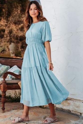 ALVAQ WOMENS DRESS FASHION 2024 CASUAL SHORT SLEEVE SMOCKED MIDI DRESS SUMMER HIGH WAIST FLOWY SWING BOHO LONG DRESSES LIGHT BLUE MEDIUM