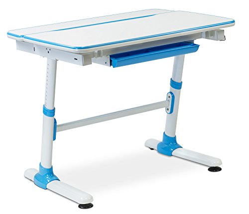 Mount-It! Children's Desk Ages 3 to 12, Kids School Workstation, 39 Inch Wide Height Adjustable Study Desk, Tilting Desktop and Drawer, White/Blue