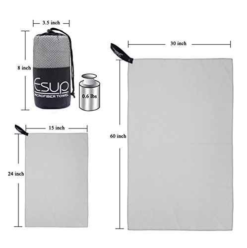 Esup 2 Pack Microfiber Towel XL Quick Dry Micro Gym Towels (60 Inch X 30 Inch) with Hand/Face Towel (24 Inch X 15 Inch) & Mesh Carry Case for Swimming Pool Camping Travel Sports Yoga and Pilates - Thumbnail 3