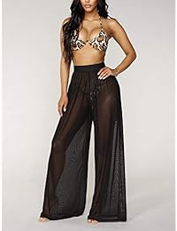 Awoscut Women See Through Sheer Mesh Pants Beach Swimsuit Bikini Bottom Cover up Party Club Elastic High Waist Wide Leg Pants