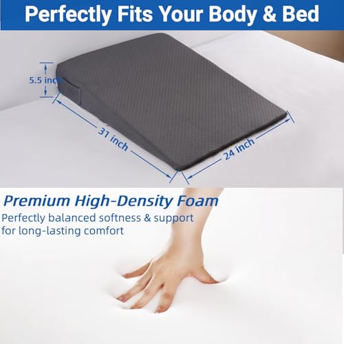 31" Extra-Long Wedge Pillow, Full Torso Support with Gentle Incline, Upper Body Elevation for Sleeping, Acid Reflux, Snoring Relief, Back Pain Relief, After Surgery, Gray