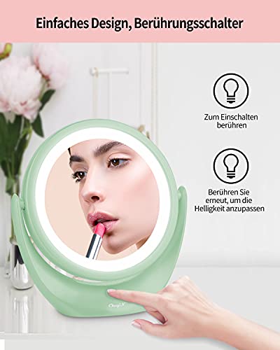 CkeyiN LED Spiegel für Schminkspiegel mit Beleuchtung Doppelseiten 1x / 5X Vergrößerung Kosmetikspiegel,360 °Schwenkbar, USB Aufladbares, Make up Spiegel für Zuhause und Unterwegs (Grün)