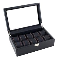 Caddy Bay Collection Black Carbon Fiber Pattern Watch Box Display Storage Case with Glass Top, Orange Stitching Perforated Soft Pillows Holds 10 Watches - Orange Stitching