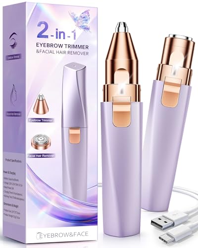 Rechargeable Electric Female Facial Epilator: 2 in 1 Pain-Free Eyebrow Trimmer/Waterproof for Lip/Chin/Cheeks- Women Gift (Purple)