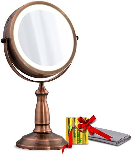 Premium Lighted Makeup Mirror – Antique Copper Vanity Mirror with 1x/5x Magnification – Double Sided LED and Magnifying for Natural, Precise Cosmetic Application and Grooming by MC Nice Products