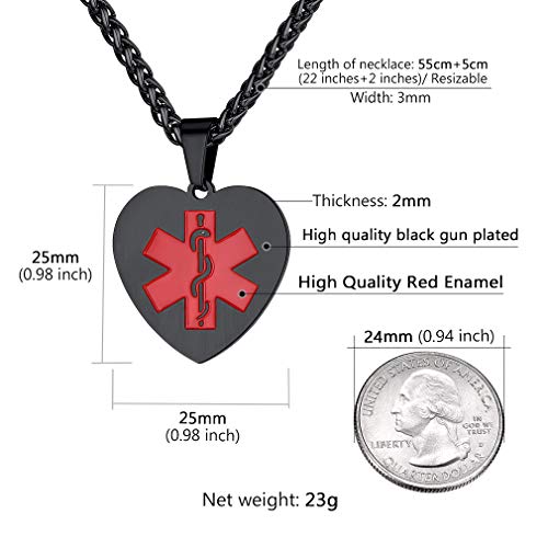Supcare Heart Necklace Alert ID Alert Jewelry Stainless Steel Black Plated, Women/Men/Kids Medical Tag Necklace Emergency Identification Necklace Jewelry