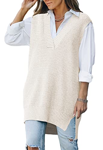 Viottiset Donna Scollatura a V Maglia Oversize Maglione Gilet Senza Maniche Pullover Tinta unita Elegante Canotta Albicocca S
