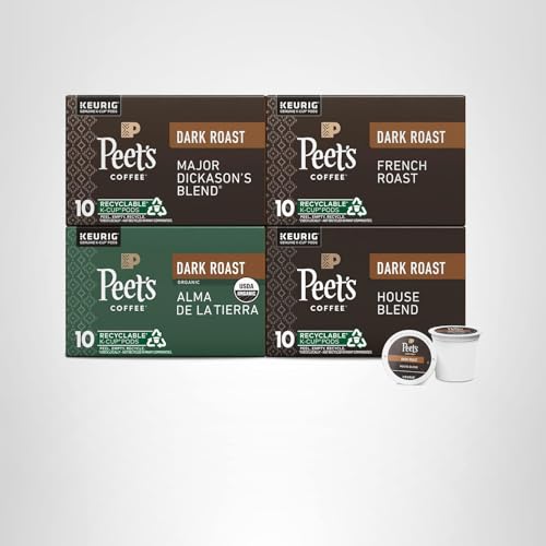 PEET’S COFFEE, KEURIG K-CUP PODS DARK ROAST VARIETY PACK – MAJOR DICKASON’S BLEND, FRENCH ROAST, ORGANIC ALMA DE LA TIERRA, HOUSE BLEND, 40 COUNT (4 BOXES OF 10 K-CUP PODS)