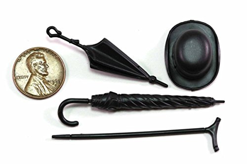Dollhouse Miniature Chrysnbon Set of 2 Umbrellas, Walking Stick, and Top Hat