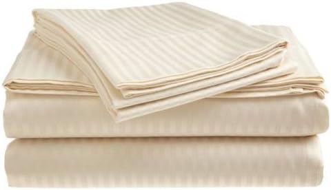 Deluxe Hotel 4-Piece Bed Sheet Set - Dobby Stripe - 100% Cotton Sateen - 300 Thread Count - Twin - Beige