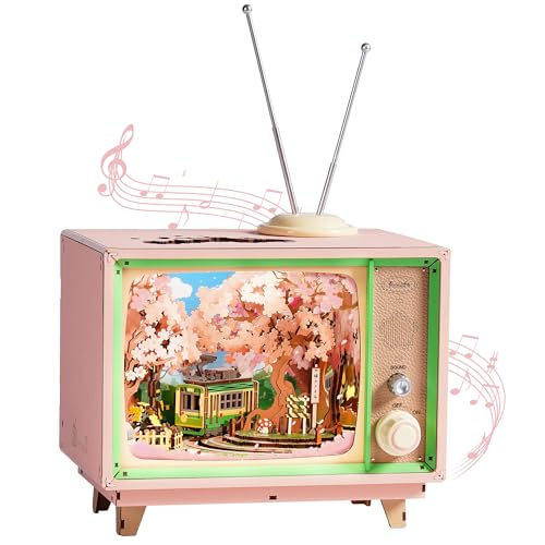 Rolife 3D Anime Sakura Tram TV Decor Jigsaw Puzzle Wooden Model 283 Pieces - Wooden Model Building with Mobile Tram & LED, Cherry Blossom Scene, Gift for Construction & Home