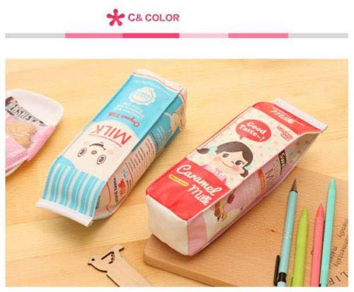 BONTOUJOUR 2 Pcs Cute Milk Box Pattern Pencil Box Crochet Hook Knitting Needle Case Pencil Bag Pocket (1 Red+1 Blue)