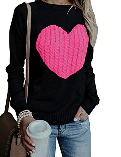 HYCYG Women's Knitted Long Sleeve Crew Ceck Pullover Sweater with Heart