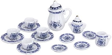15Pcs 1/12Dollhouse Miniature Thumbnails Blue And White Porcelain Tea Set Tableware Toy Furniture Accessory Plate Cup Teapot