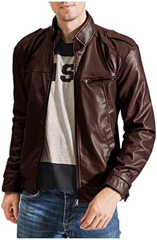 Mosstars Mens Short Jacket Slim Solid Color Waterproof Leather Top Overcoats Winter Casual Zipper Long Sleeve Blouses Outwear