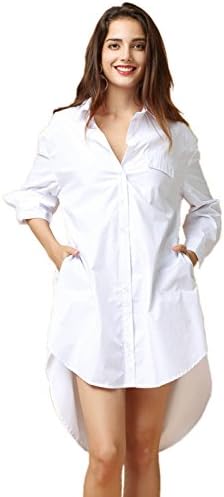 ViviClo Women's Long Sleeve High Low Hem Pockets Boyfriend Shirt Dress Tunic Top Blouse (X-Large, White)