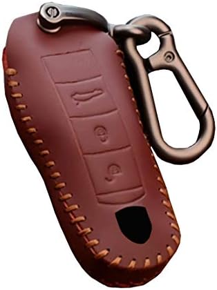 KMT Genuine Leather Smart Key Keyless Remote Entry Fob Case Cover with Key Chain Fit Porsche Cayenne Panamera 911 (Wine Red)