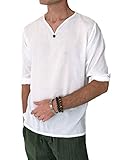 Men's White T-Shirt 100% Cotton Thai Hippie Shirt Beach Yoga Top Button Feature