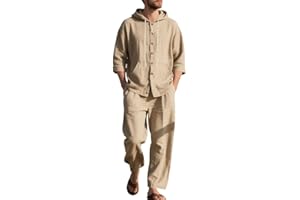 TAFLE Men's 2 Pieces Cotton Linen Set Casual Long Sleeve Henley Shirts Beach Yoga Pants Summer Outfits