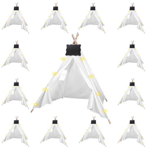 MBJZSL 12pcs Teepee Tents Set with Markeable Small Blackboards and 10FT String Lights, Foldable Indoor Outdoor Play Teepee Tent for Girls & Boys, for Birthday Party Boho Sleepovers Party (White)