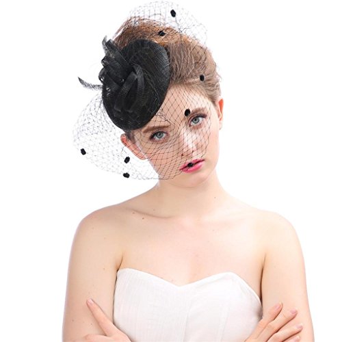 image for SUKEQ Fascinator Hat, 2018 New Feather Mesh Net Veil Party Hat Clip He