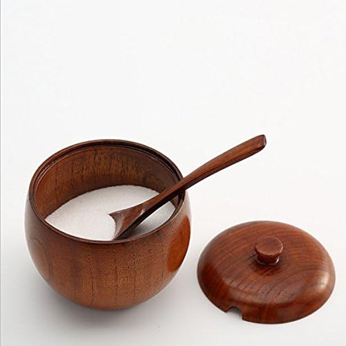 Wood Spice Jar Seasoning Pantry Condiment Storage Container with Spoon