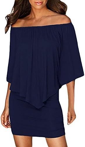 Uranus Women's Off Shoulder Multiple Dress Ruffle Sleeve Layered Party Cocktail Stretchy Dress Plus Size