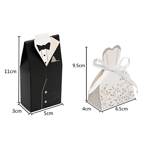 BALONAR 100pcs Wedding Party Gift Box Creative Favor Boxes Candy Bag with Silk Ribbon of Groom Bridal Tuxedo Wedding Dress for Party Supplies Wedding Anniversary Decorations