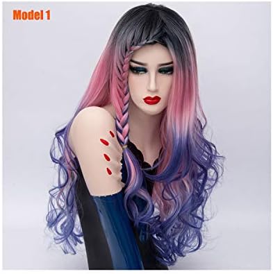 Lady night Long Braids Wigs for Women Rainbow Ombre Braiding Synthetic Wavy Wig Natural Purple Blue Pink Hair,Pink,24inches