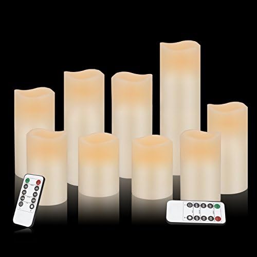 Flameless Candles Battery Operated Candles 3.0"x 4" 5" 6" 7" 8" 9" Set of 9 Ivory Real Wax Pillar LED Candles with 10-key Remote and Cycling 24 Hours Timer