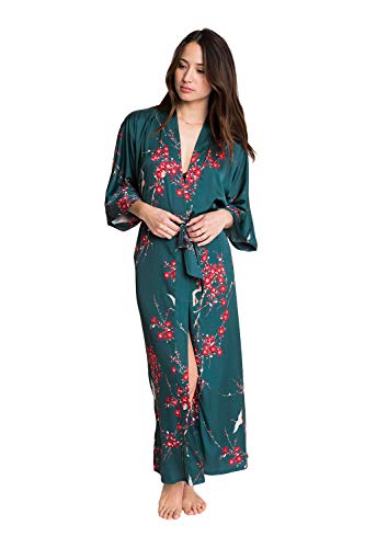 Old Shanghai Women's Kimono Robe Long - Watercolor Floral, Cherry Blossom & Crane- Teal, One Size. - Thumbnail 3
