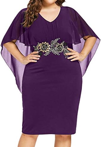 FengGa Women's Loose Dress Fashion Casual Chiffon Plus Size Solid V-Neck Stretchy Applique Floral Loose Dress