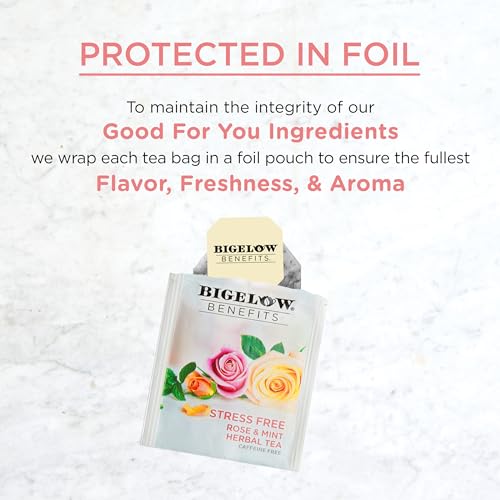Bigelow Benefits Stress Free Rose & Mint Herbal Tea, Caffeine Free, 18