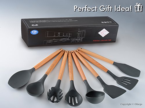 Ofargo Silicone Kitchen Utensil Set of 8 Pieces with Natural Wood Handle for Cooking, Non-Stick, Gray - Thumbnail 2